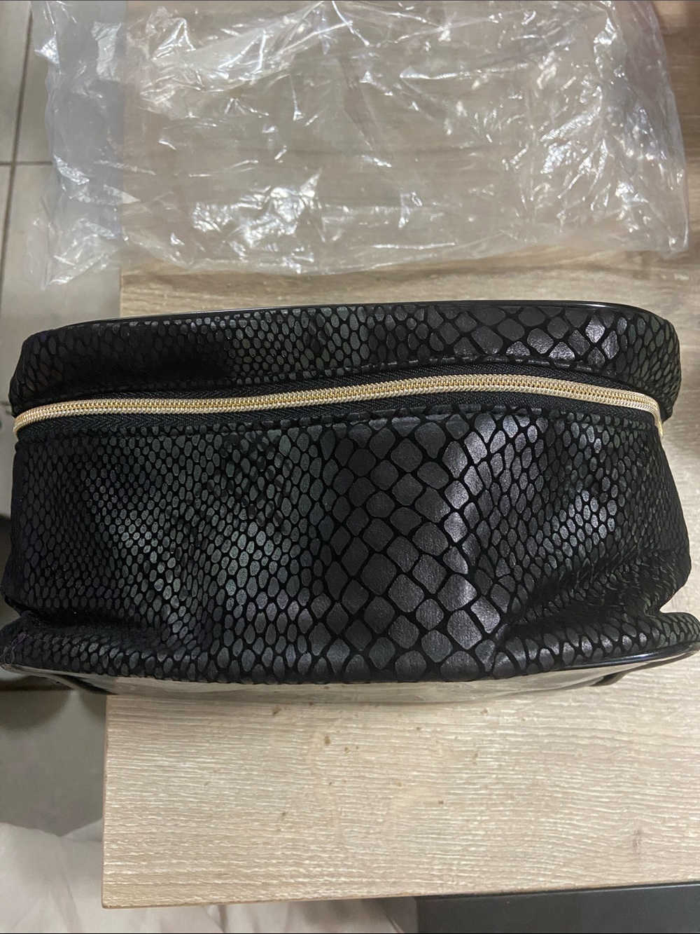 Lancome Black Snake-Effect Cosmetic Bag with Gold Zipper
